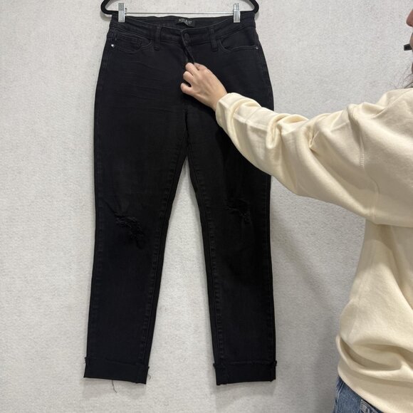 Judy Blue Jeans Womens 7/28 Black Slim Fit Distressed Cuffed Ankle Denim Stretch - Picture 5 of 12